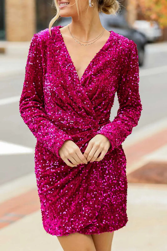 Pink Velvet Sequin Night‑Out Dress with long sleeves and ruched waist, perfect sparkle mini dress for parties and glam events.