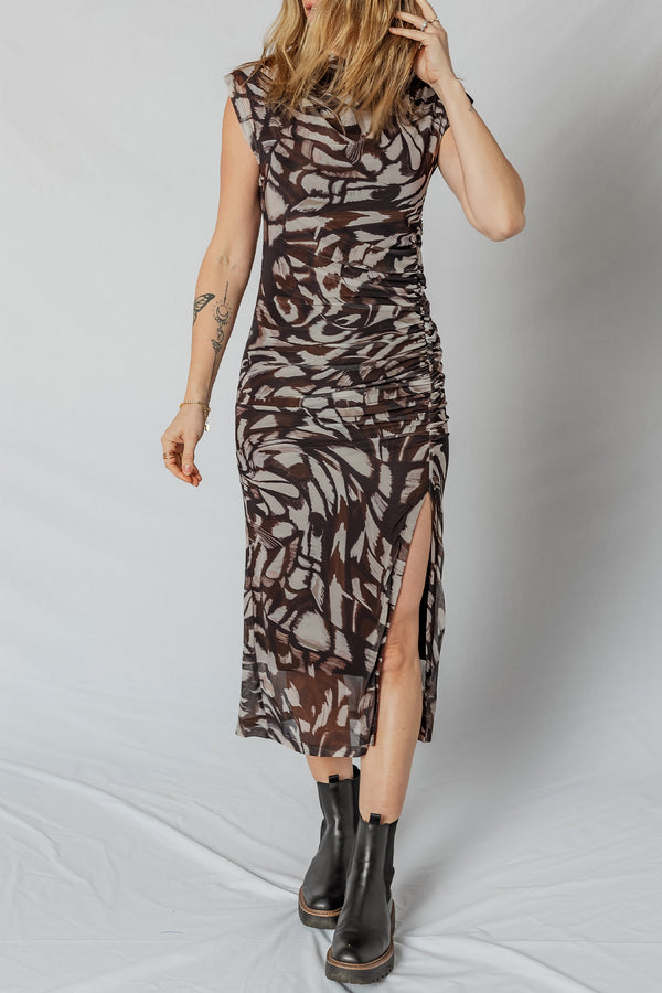 Brown abstract mesh midi dress — side view showing cowl neck and ruched body