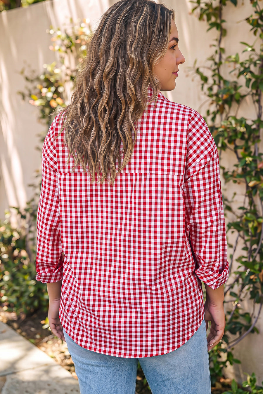 Plaid V Neck Long Sleeve Tunic Loose Fit Plus Size Shirt Women UK