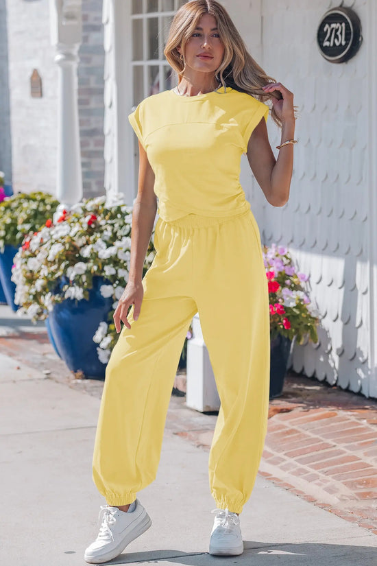 Cropped tank top & jogger pants set cotton high waist two piece outfit sets