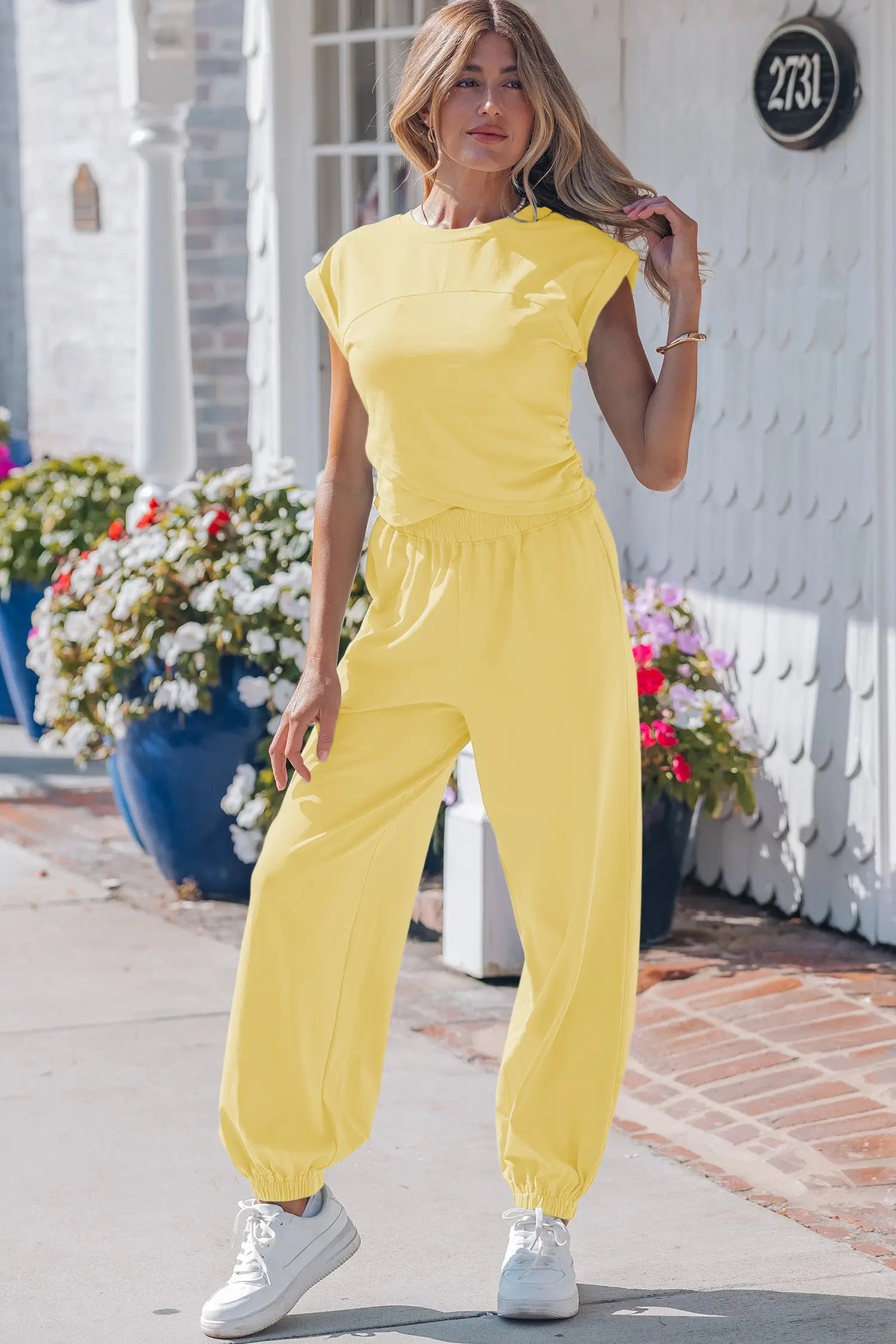 Cropped tank top & jogger pants set cotton high waist two piece outfit sets