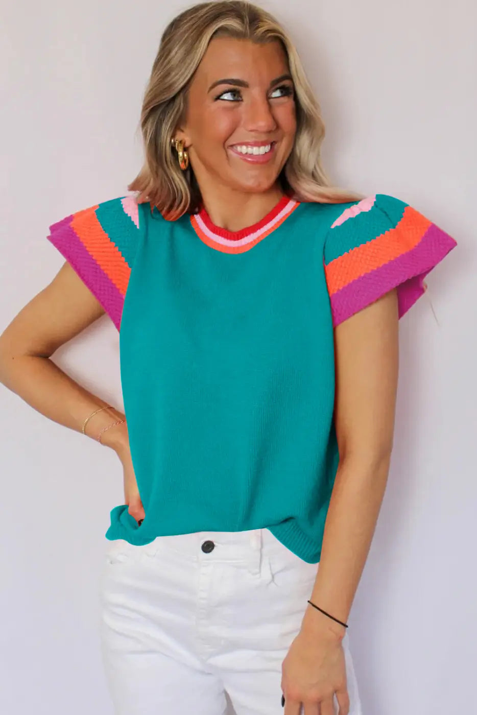 KnitT-Shirt - Turquoise Contrast Flutter Sleeves Sweater - Fashionfitz