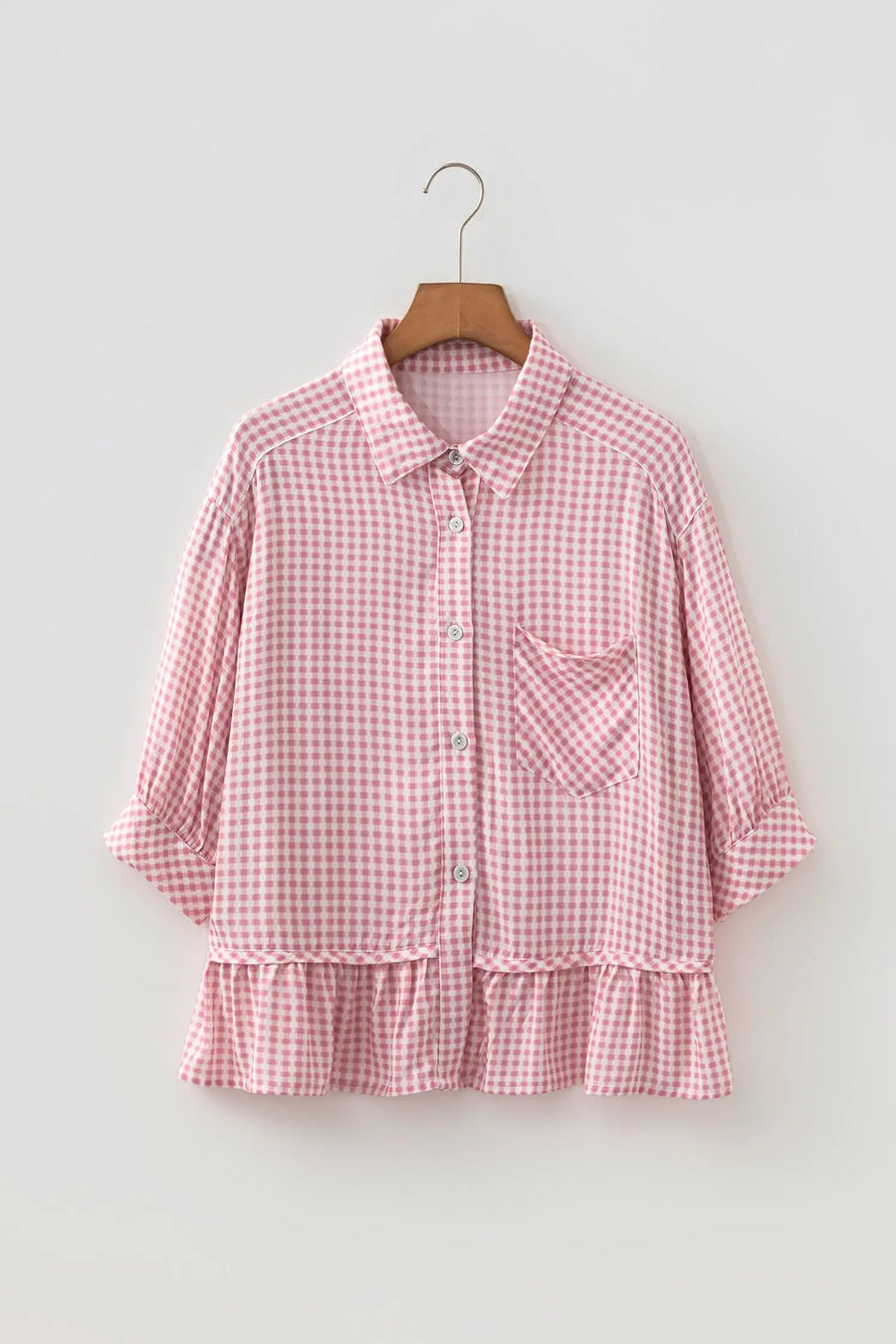 Plaid Ruffle Hem Half Sleeve Blouse Women UK
