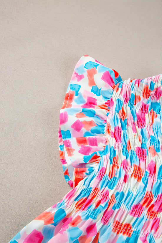 Shirred  Blouse - Ruffled Abstract Print