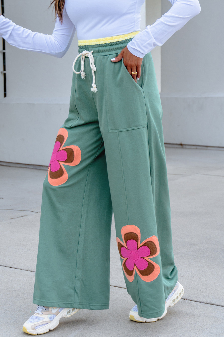 Flower Patchwork Drawstring Elastic Waist Wide-Leg Trousers