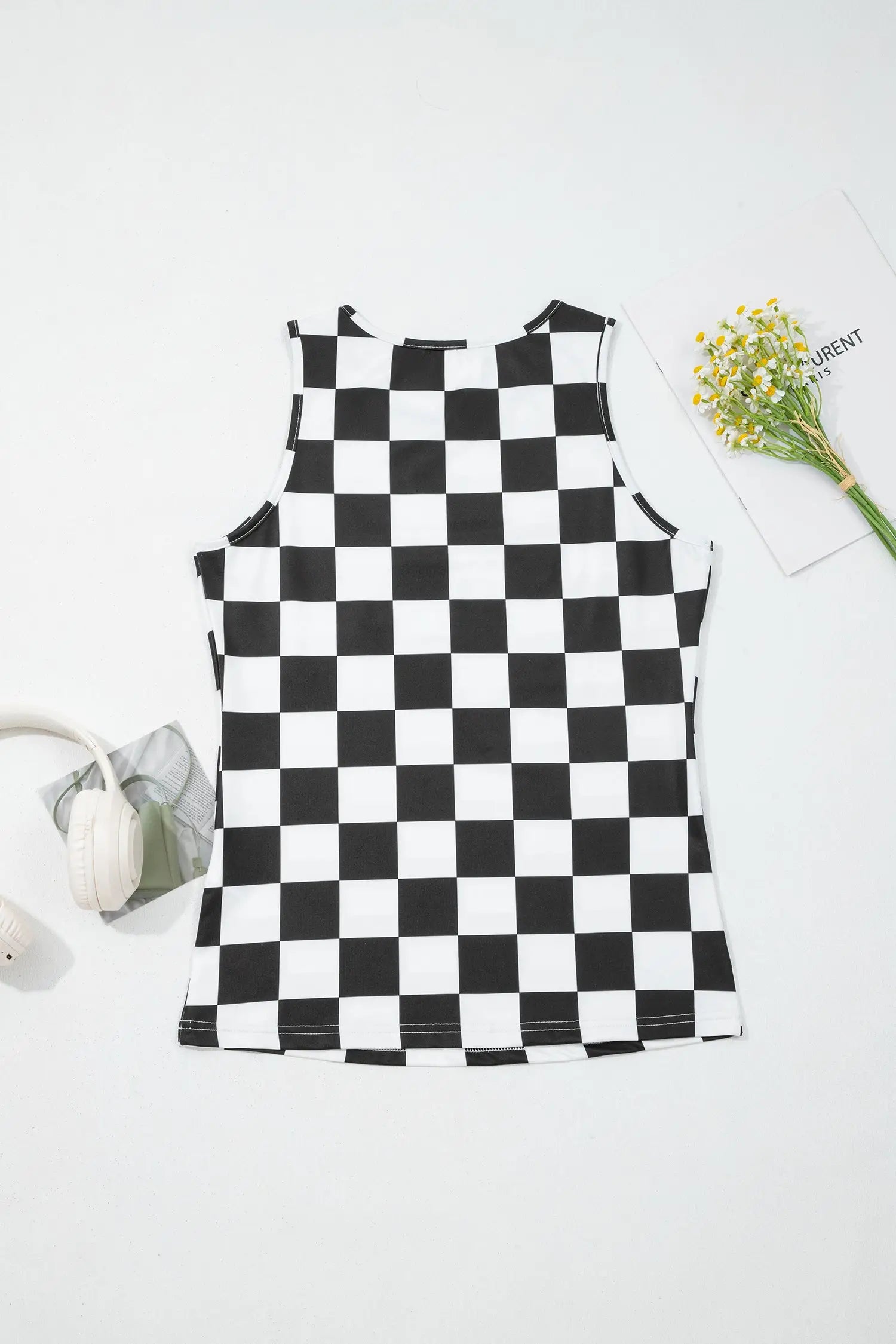 Checkerboard print slim fit sleeveless tank top tops