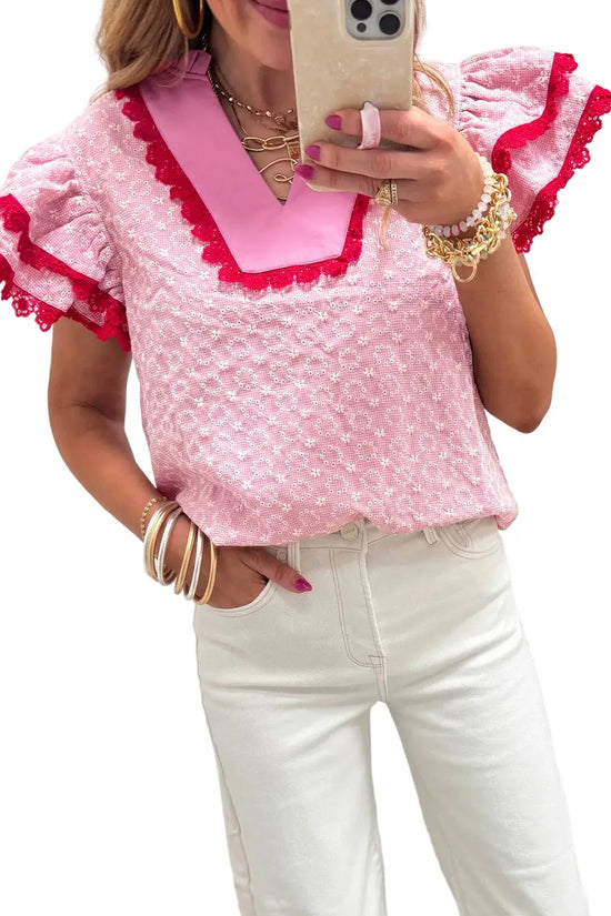 Eyelet embroidered flutter sleeve blouse with lace trim blouses