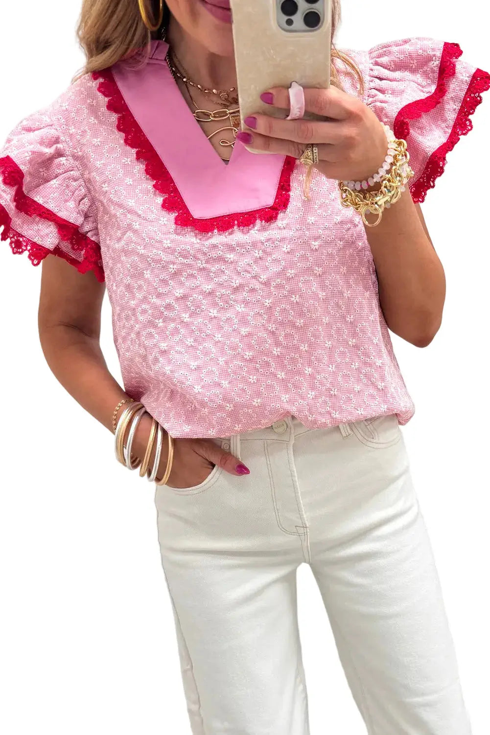 Eyelet embroidered flutter sleeve blouse with lace trim blouses