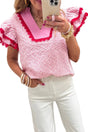 Eyelet embroidered flutter sleeve blouse with lace trim blouses