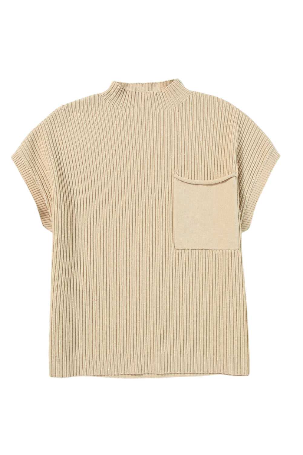 Oatmeal sweater dress in ribbed knit with short sleeves and front pocket, ideal for cozy daily wear in winter.