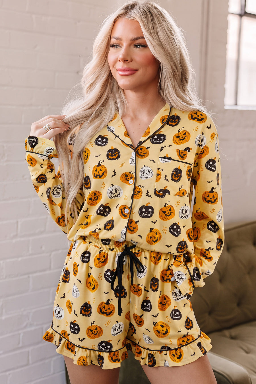 Pumpkin Face Ruffle Long Sleeve Lounge Set Women UK