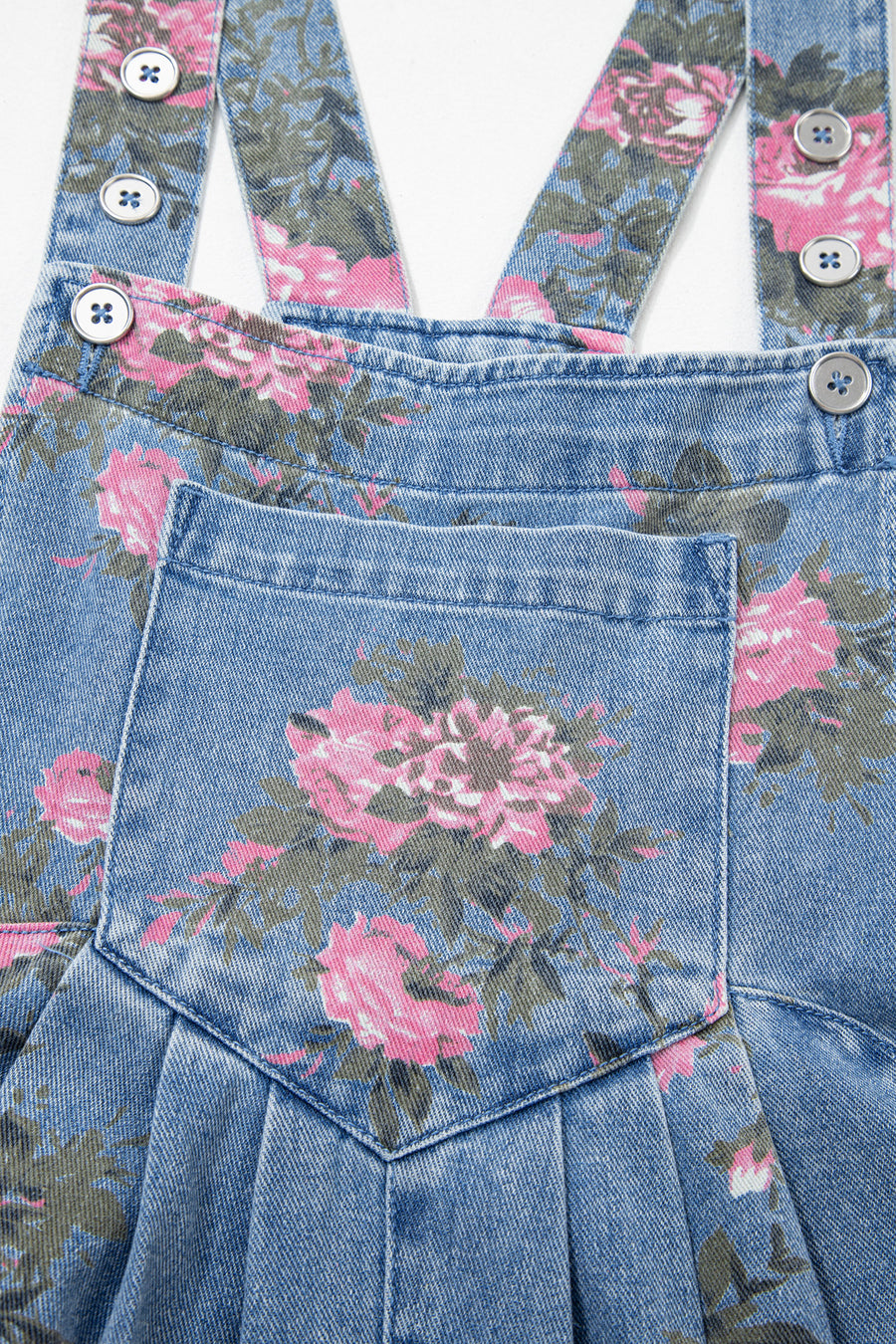 Floral Print Denim Shortalls Adjustable Straps Pockets Relaxed Fit