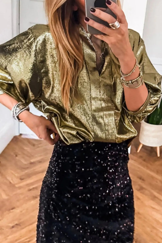 Woman wearing gold metallic split neck half sleeve blouse for evening or party wear front view Fashionfitz UK