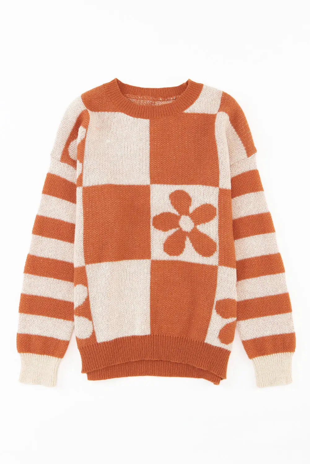 Brown checkered floral print striped sleeve sweater