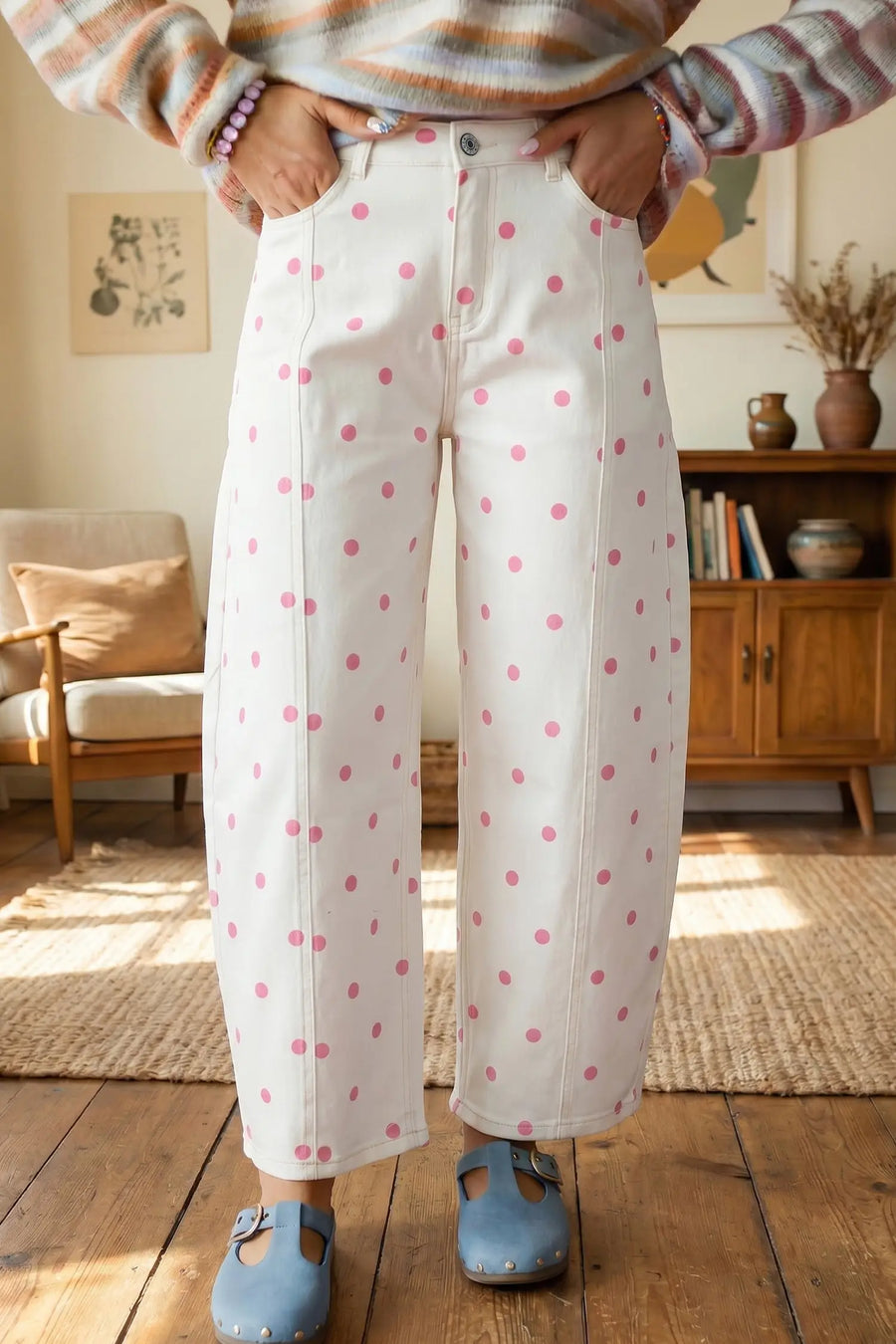 Polka Dot Seam Detail Barrel Jeans Women UK