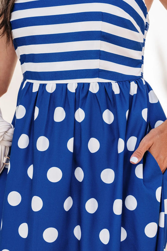 Blue striped polka dot patchwork high waist spaghetti strap maxi dress dresses