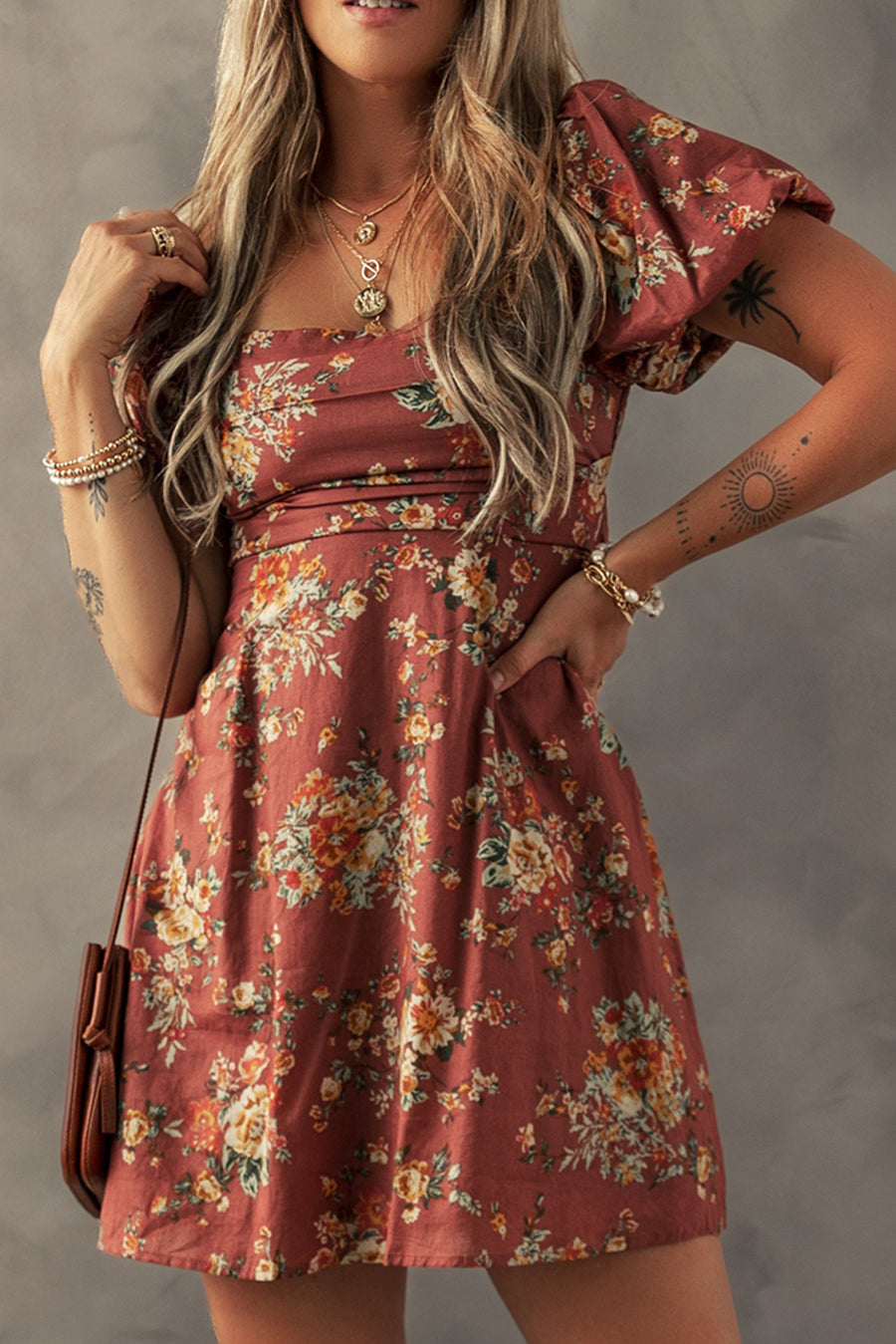 Red Floral Puff Sleeve Square Neck Knot Open Back Mini Dress Women UK