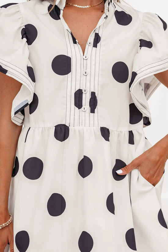 White polka dot print half button ruffled short sleeve loose mini dress