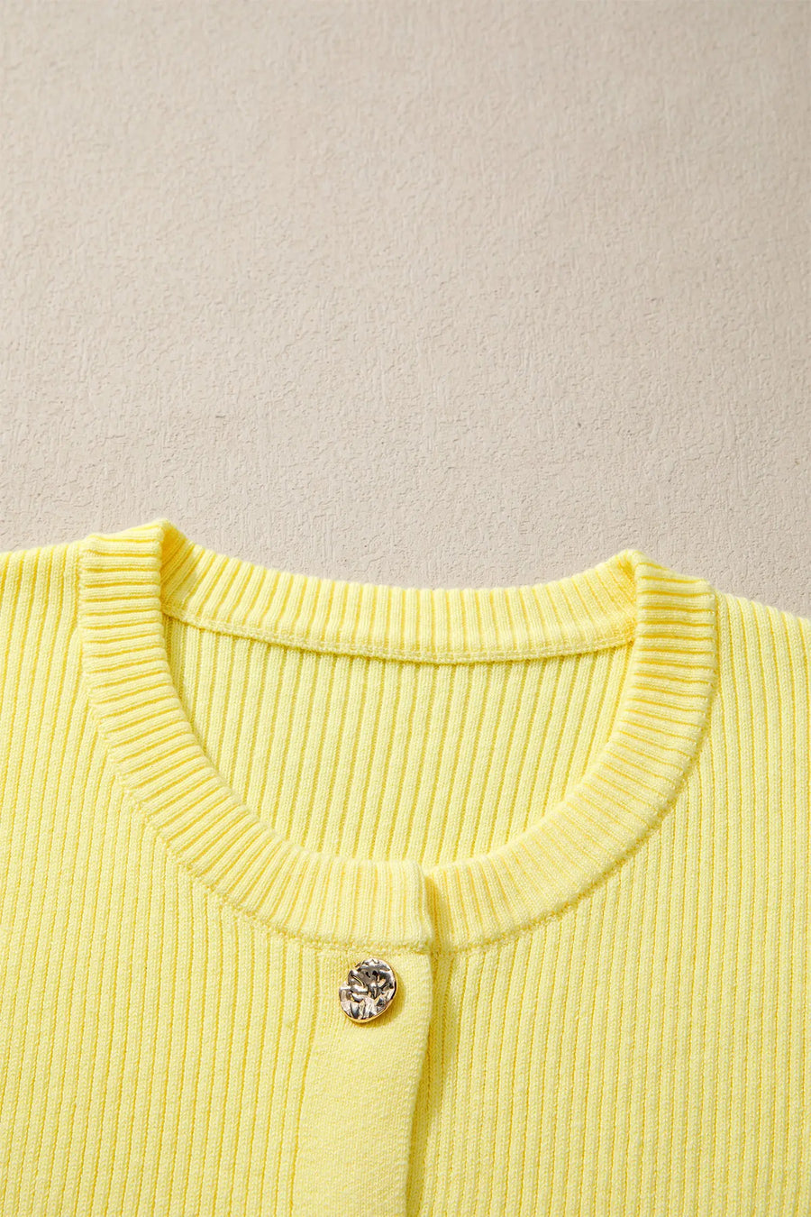 Ribbed Knit Contrast Frilled Short Sleeve Cardigan Women UK — angled view | Fashionfitz UK