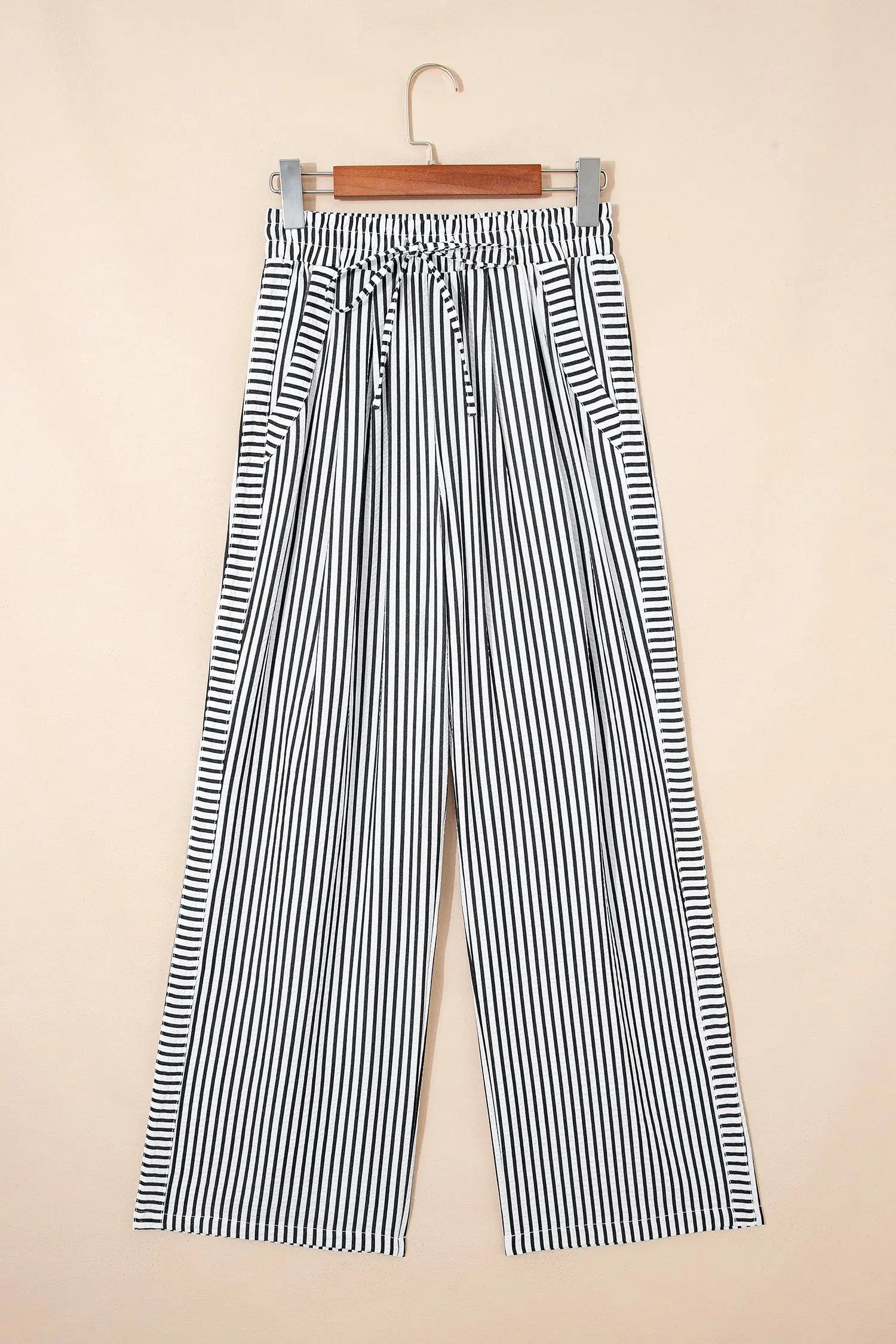 Black Stripe High Waist Wide Leg Drawstring Casual Trousers with Pockets