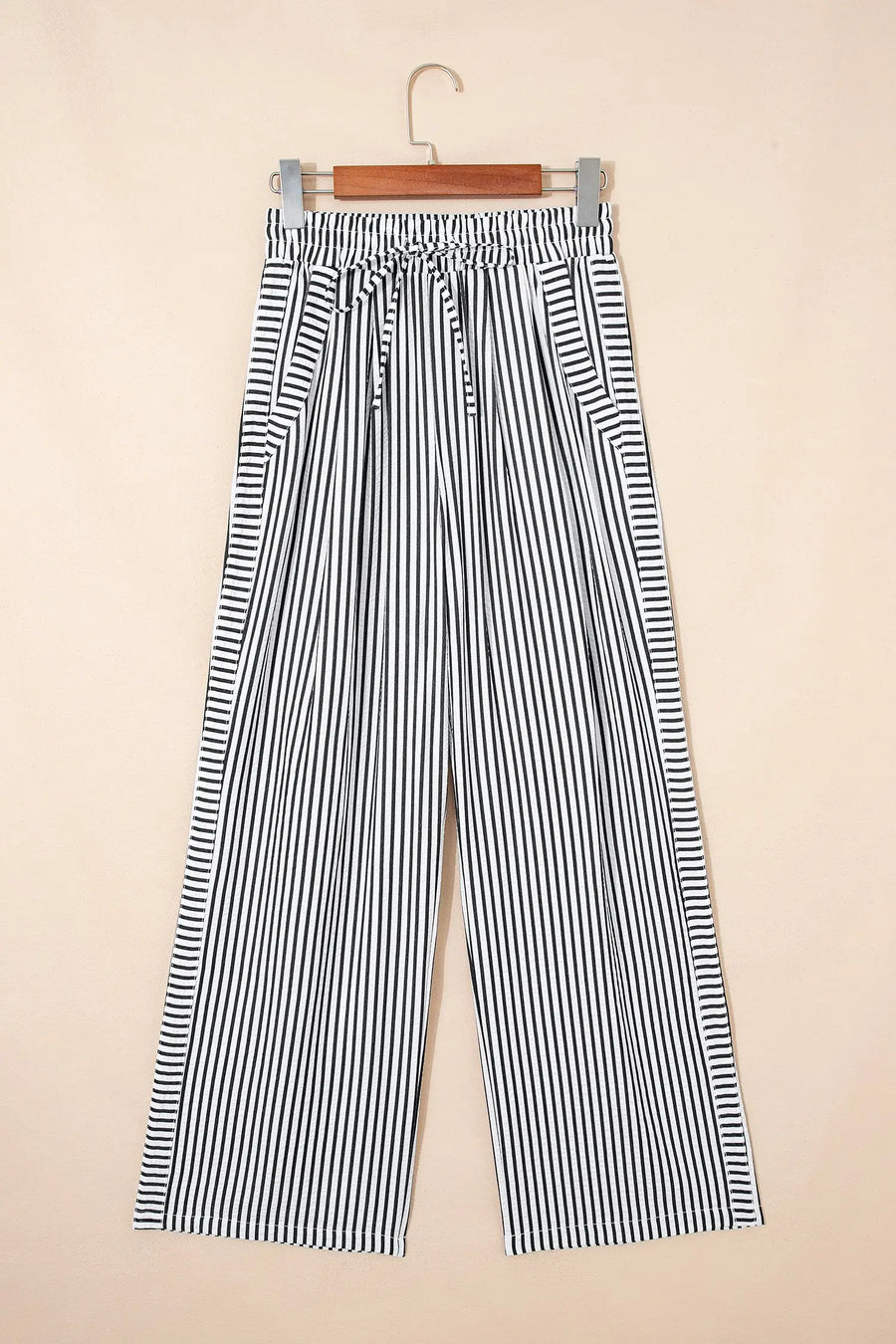Black Stripe High Waist Wide Leg Drawstring Casual Trousers with Pockets