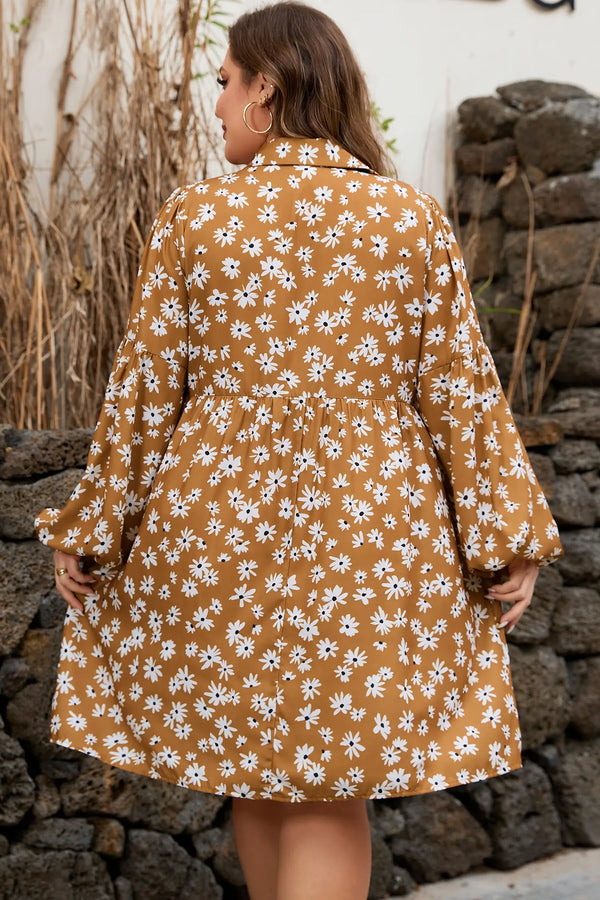 Khaki Plus Size Daisy Floral Button Split Neck Dress Women UK — back view