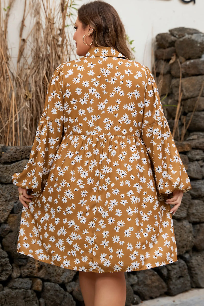 Khaki Plus Size Daisy Floral Button Split Neck Dress Women UK — back view