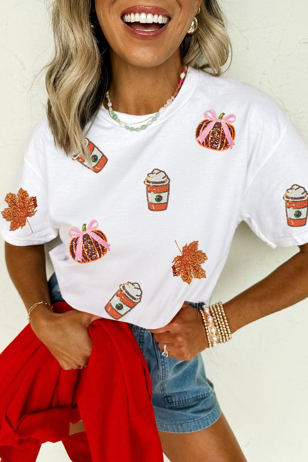Sequin Pumpkin Fall Graphic Casual Tee Women UK