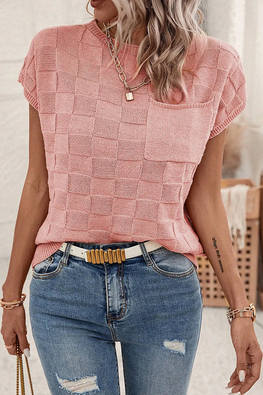 Lattice short sleeve sweater - pink sweaters