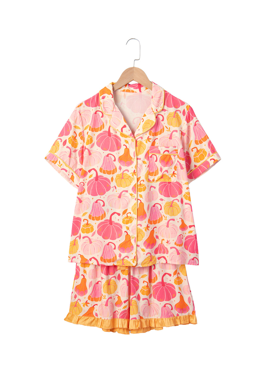 Pumpkin Print Shell Button Short Sleeve Lounge Set Women UK