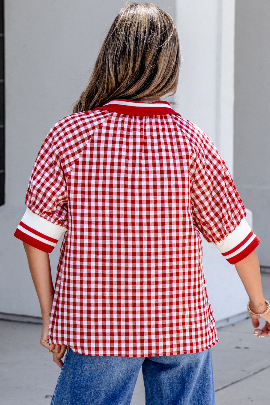 Gingham Striped Patchwork Half-Zip Blouse Women UK