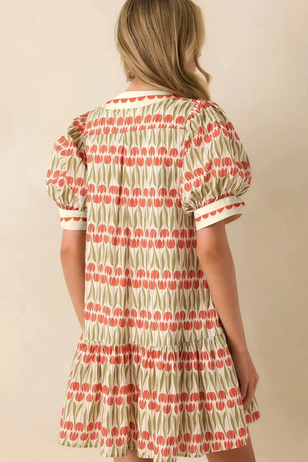 White Tulip Floral Cotton Short Puff Sleeve Mini Dress Women UK — back view