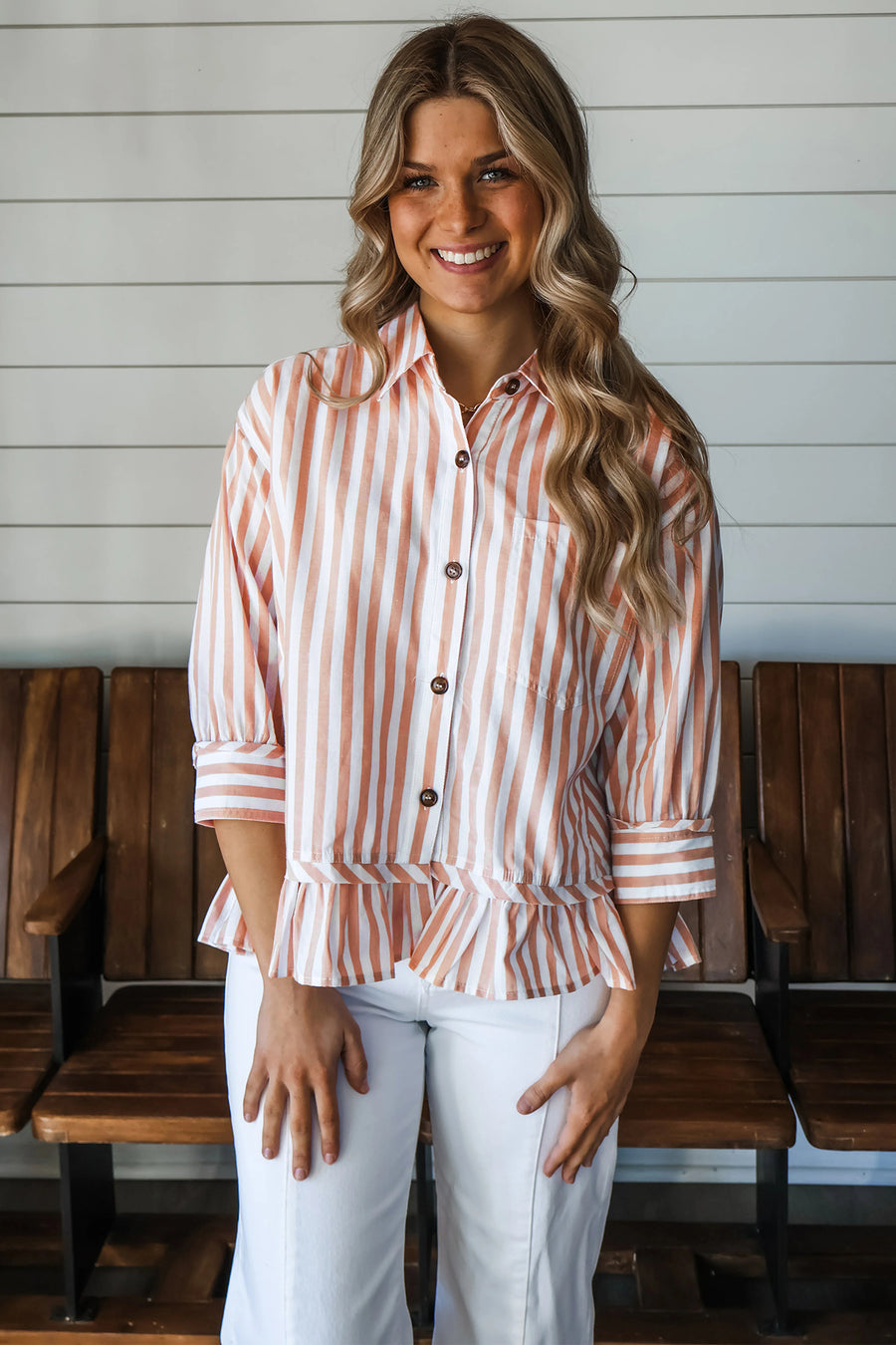 Stripe Button Front Ruffle Hem Bracelet Sleeve Shirt Women UK