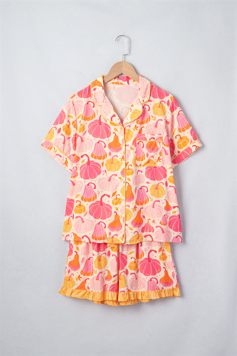 Pumpkin Print Shell Button Short Sleeve Lounge Set Women UK