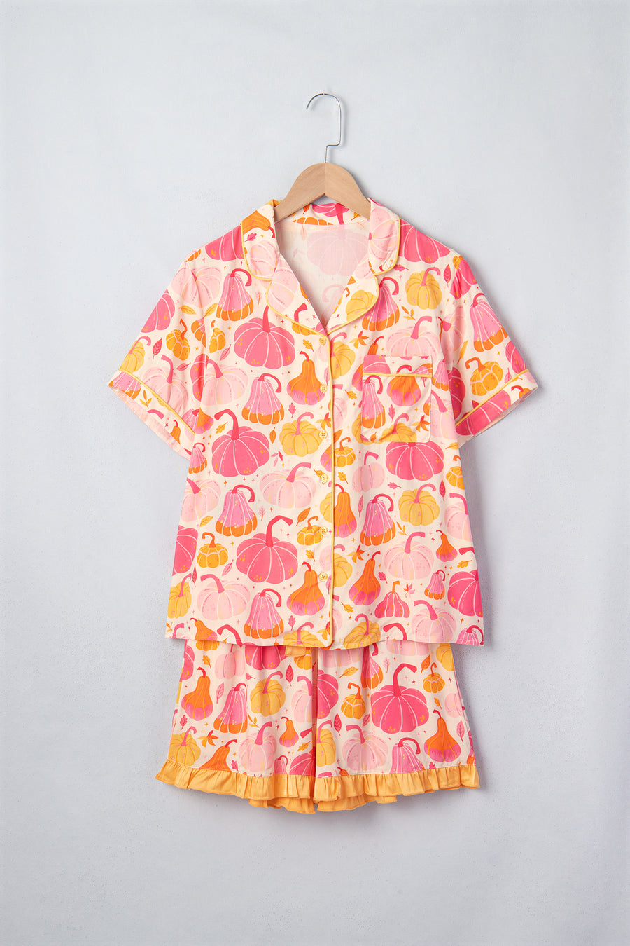 Pumpkin Print Shell Button Short Sleeve Lounge Set Women UK