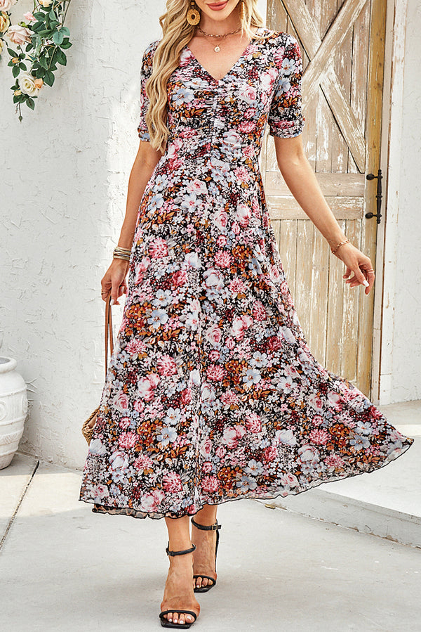 Brown Mesh Leopard Floral V Neck Short Sleeve Dress Women UK