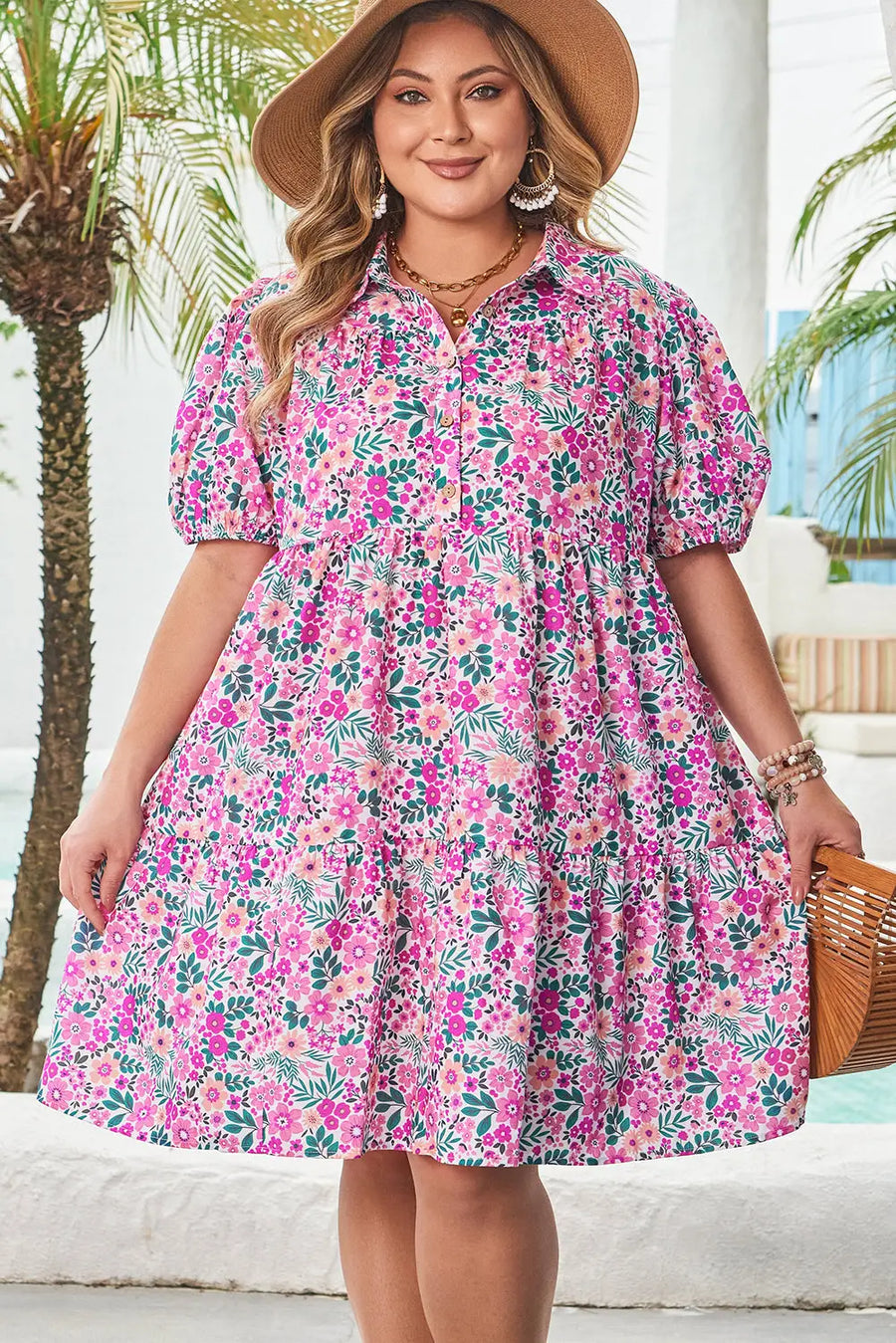 Plus Size Pink Floral Half Button Puff Sleeve A-Line Dress Women UK