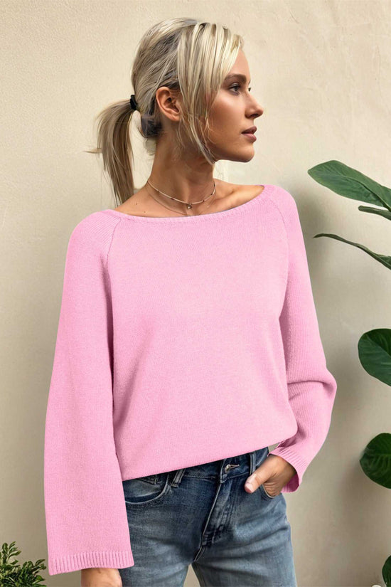 Relaxed fit pink Bell Sleeve Loose Knit Jumper featuring statement sleeves and soft knit texture, ideal for casual autumn outfits.