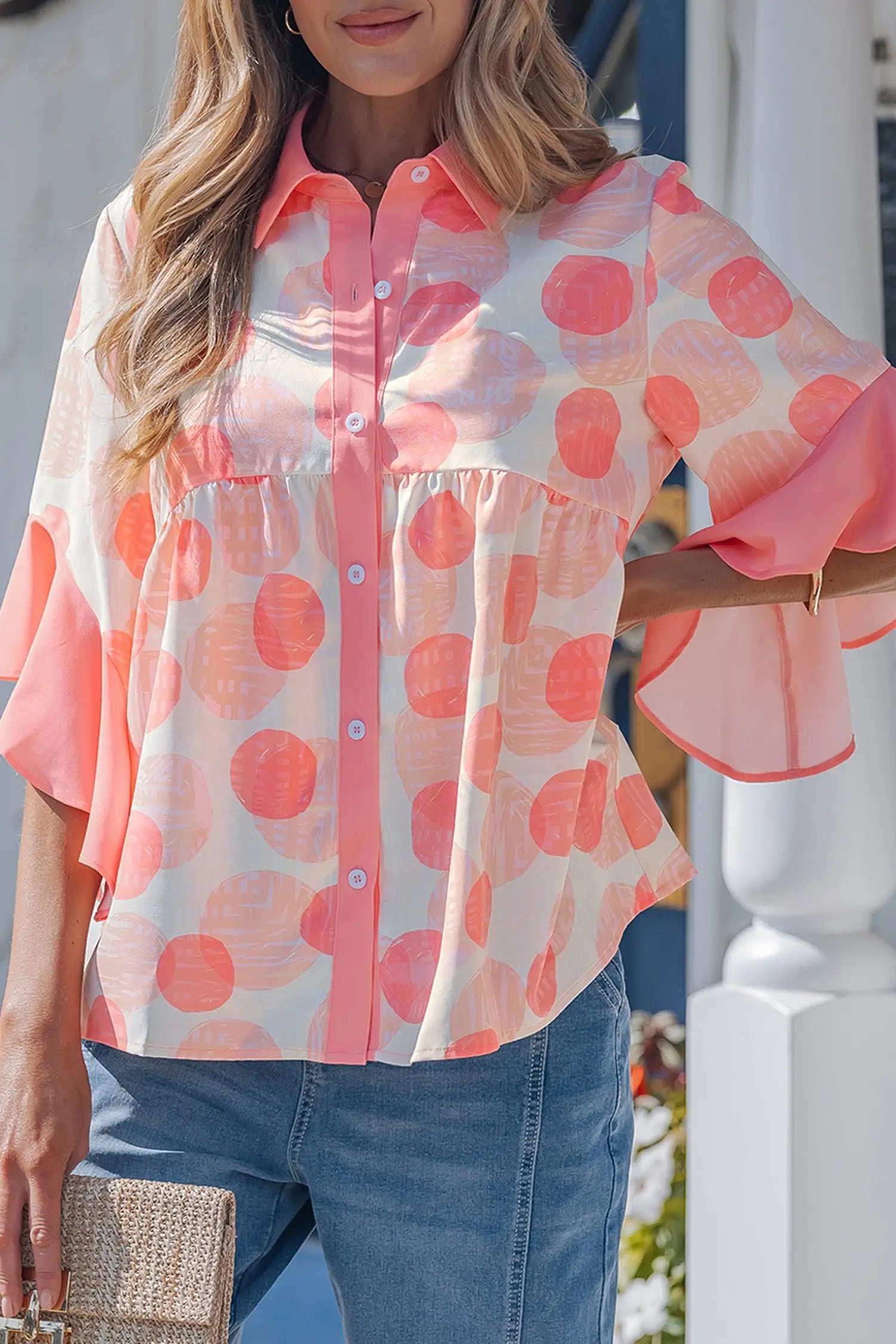 Polka dot ruffle sleeve babydoll shirt button front collar pink shirts