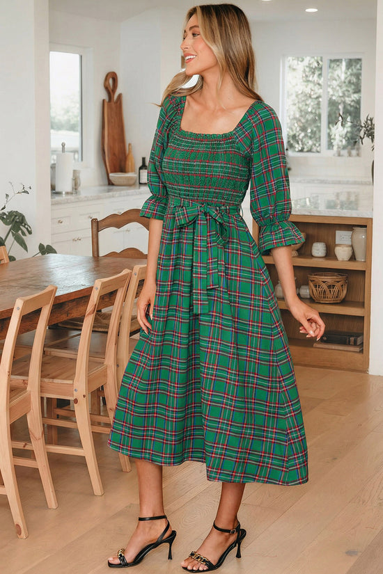 Red Green Tartan Plaid Flared Midi Dress