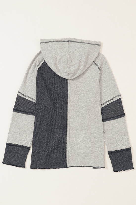 Color-Block Seamed Ribbed Henley Hoodie