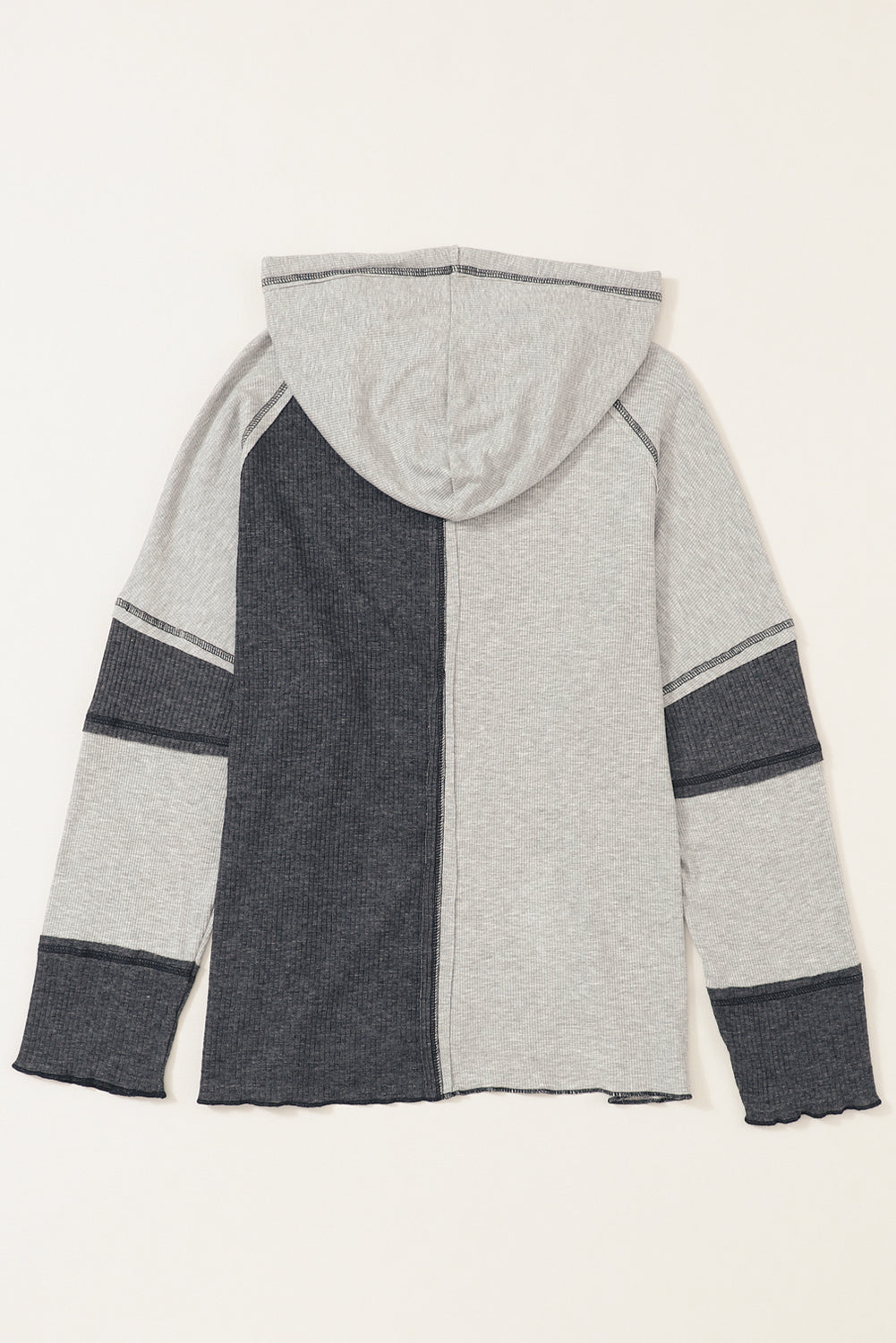 Color-Block Seamed Ribbed Henley Hoodie
