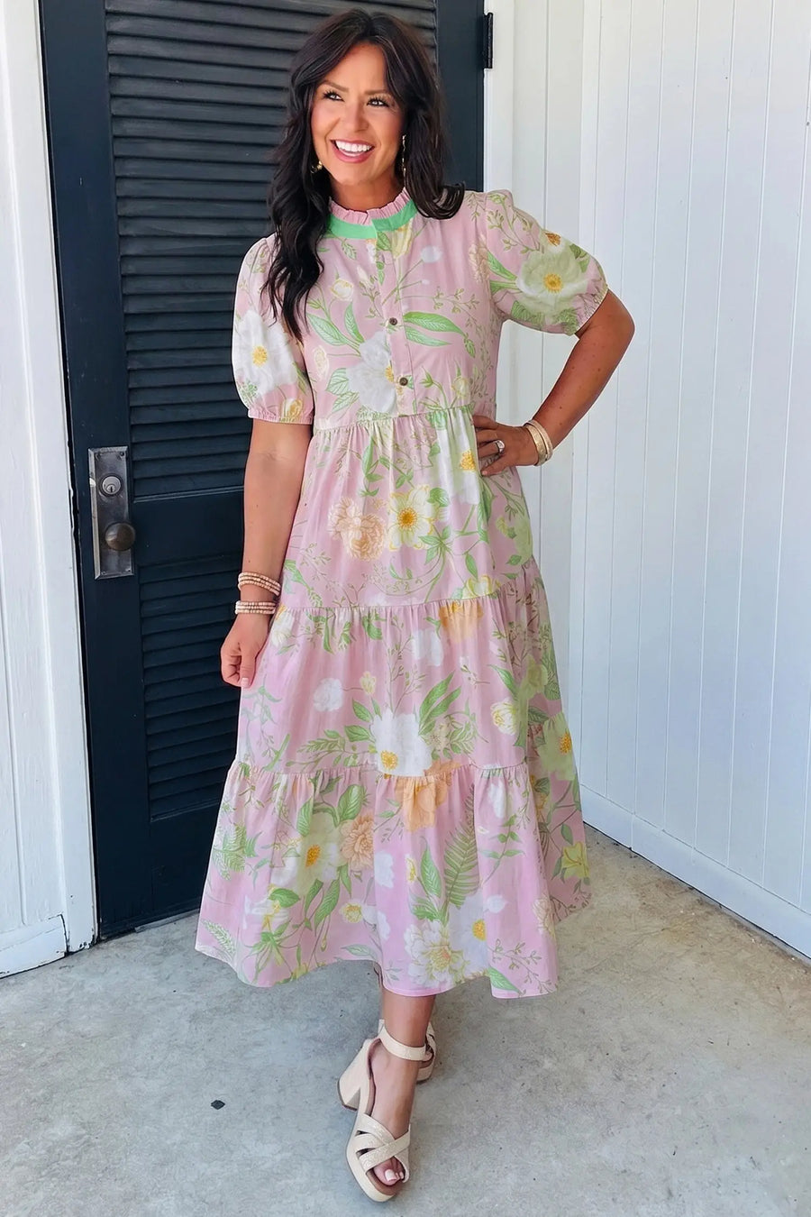 Pink Floral Puff Sleeve High Waist Tiered Maxi Dress Women UK