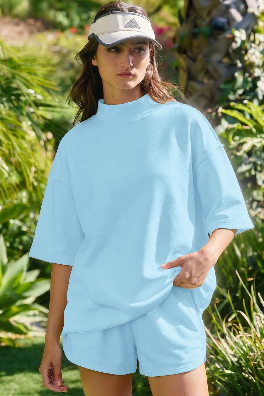 Exposed seam mock neck oversized tee shorts two piece set pockets outfit sets