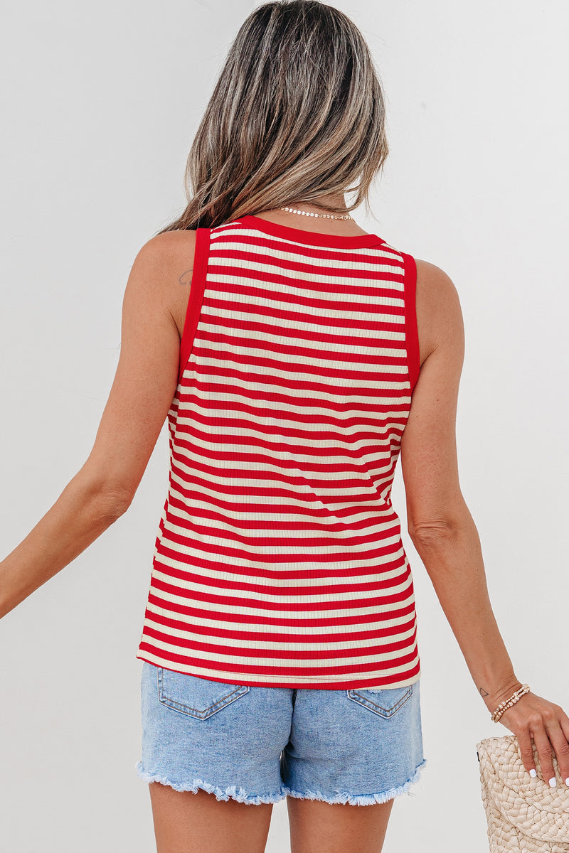 Red Stripe Buttoned Ribbed Knit Tank Top Women UK