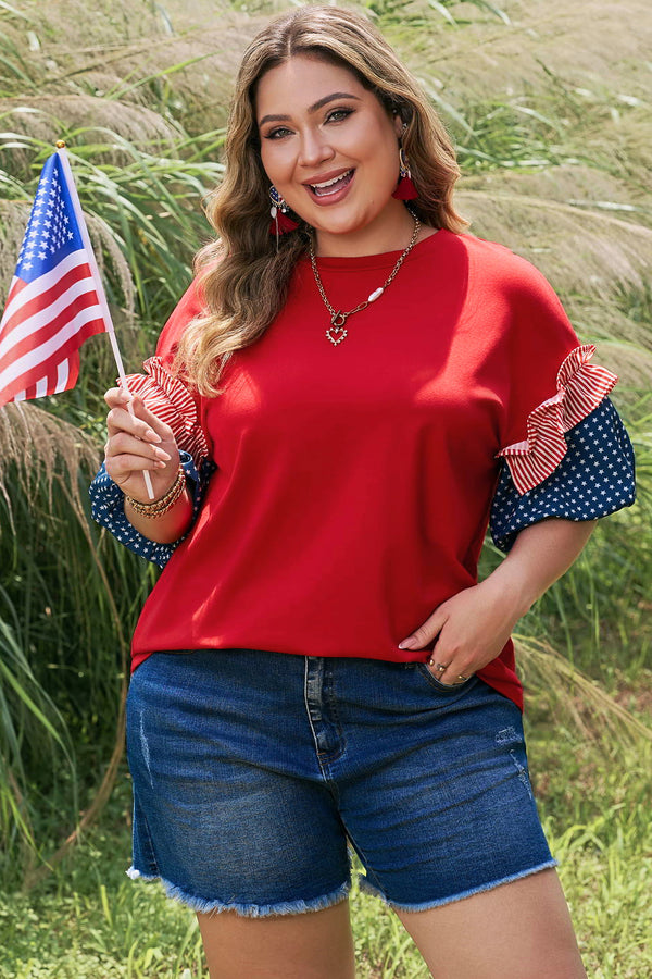 Striped ruffle star bubble sleeve patchwork plus size top in red — front view
