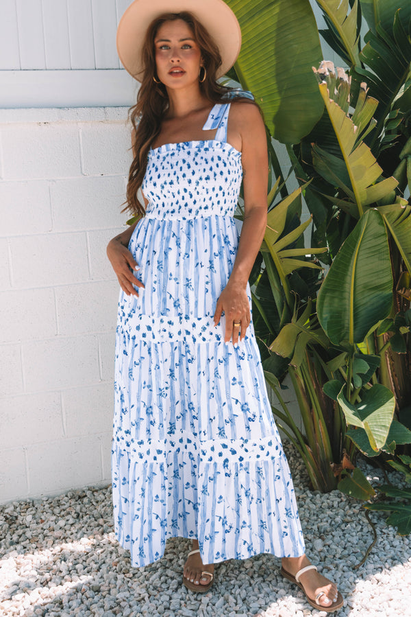 Sky Blue Floral Smocked Tied Straps Tiered Maxi Dress Women UK