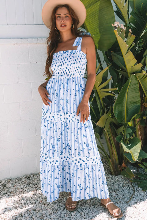 Sky Blue Floral Smocked Tied Straps Tiered Maxi Dress Women UK