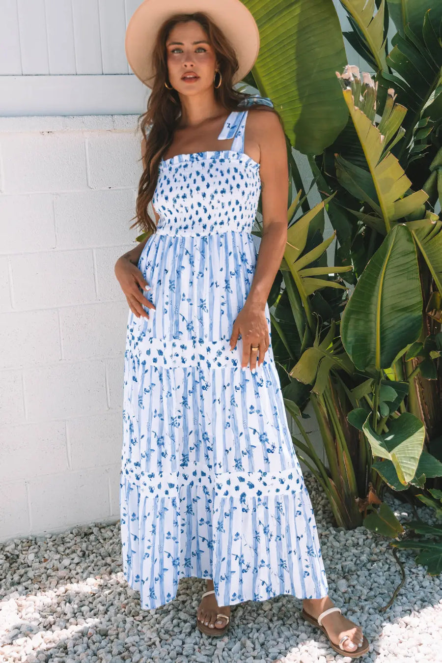 Sky Blue Floral Smocked Tied Straps Tiered Maxi Dress Women UK