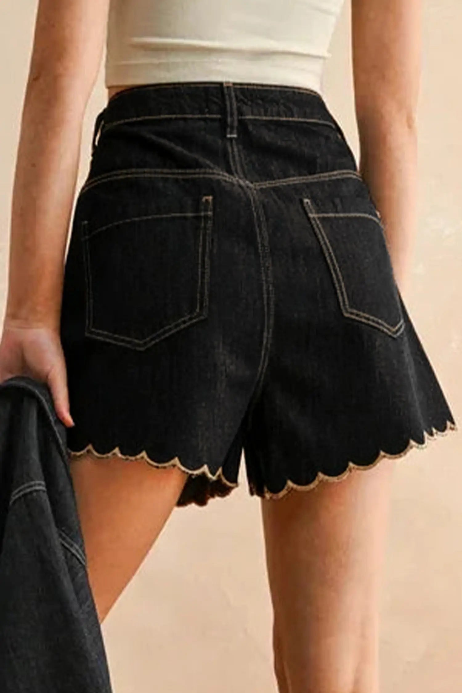 Close-up of contrast embroidery stitching on scalloped hem of navy denim shorts Fashionfitz UK